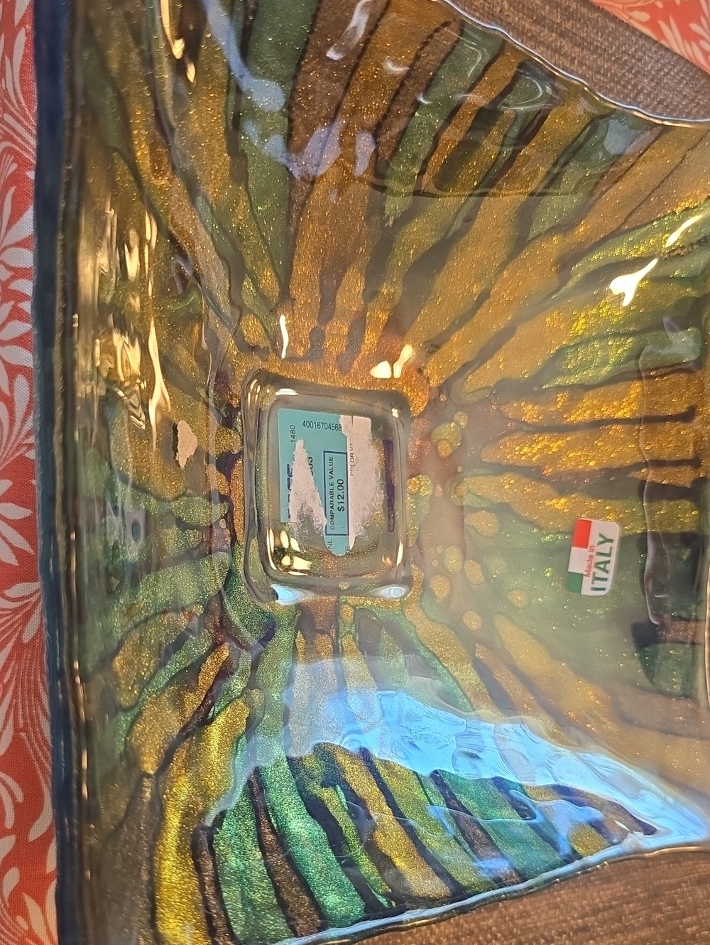Italian-Made Green Gold Iridescent Glass Decorative Bowl